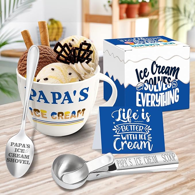 Papa Gifts, Papa Gifts from Grandkids, Papa's Ice Cream Bowl Scoop Shovel Spoon Set, Papa’s Ice Cream Gift, Christmas Birthday Father's Day Valentines Day Gift for Him Man