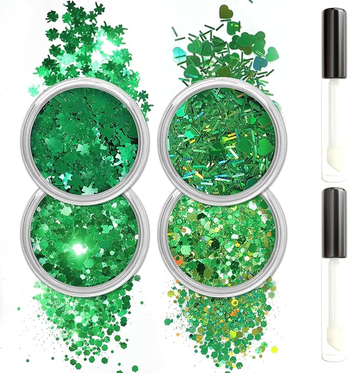 Allstarry Green Body Glitter, 4 Colors Cosmetic Green Face Glitter, Shamrock Face Eyeshadow Makeup Hair and Eye Glitter St...