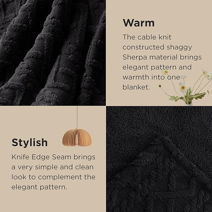 Bedsure Sherpa Fleece Blanket Twin Size for Bed - GentleSoft Fluffy & Cozy Cable Jacquard Tufted for Women Gift, Thick and Warm Blankets for Winter, Black, 60x80 Inches