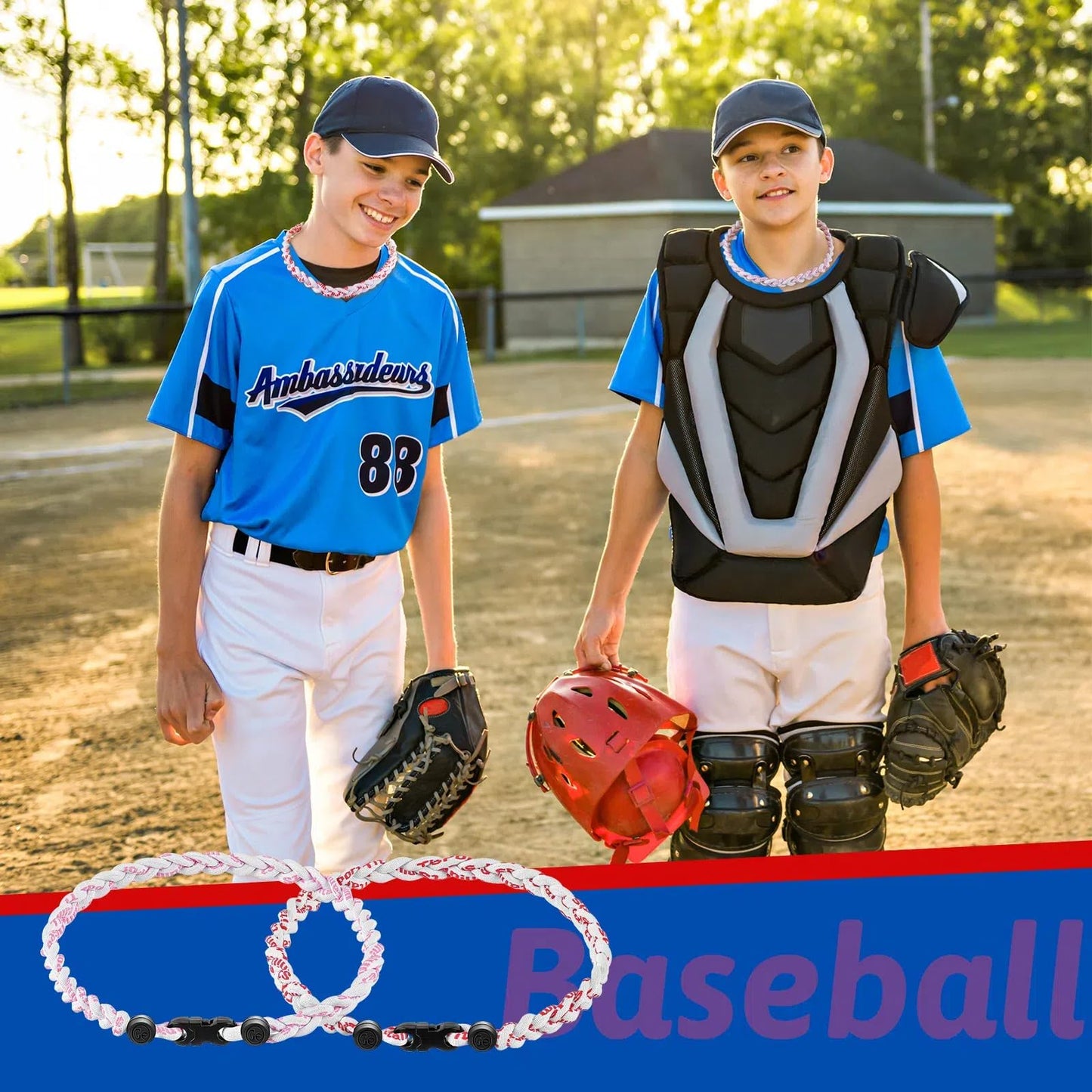 Junkin 3 Pcs Baseball Necklaces Three Braided Rope Titanium Necklace for Team Gifts Boys Men Player Softball Fans Sports (Red an
