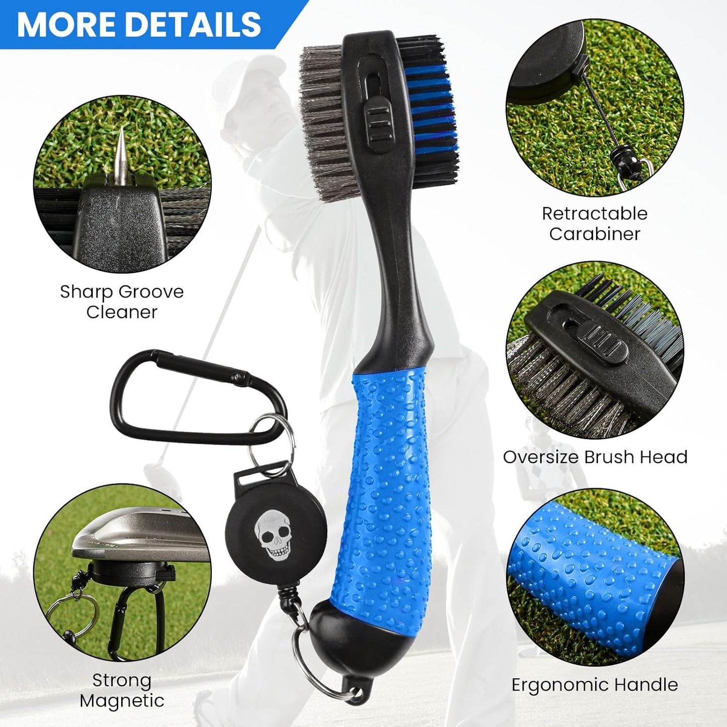 FINGER TEN Retractable Golf Club Cleaner Brush with Magnetic Clip, Durable Nylon Groove Scrub Iron Sharpener Compact Design, Portable Wire Tool for Golf Club Ball Bag Cleaning