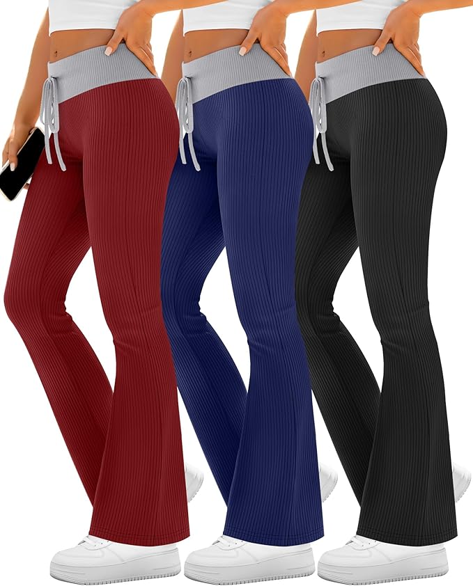 Velvelhall 3 Pack Women's Flare Leggings Ribbed Knit Color Block Yoga Pants Bootcut Sweatpants Stretchy Bell Bottoms