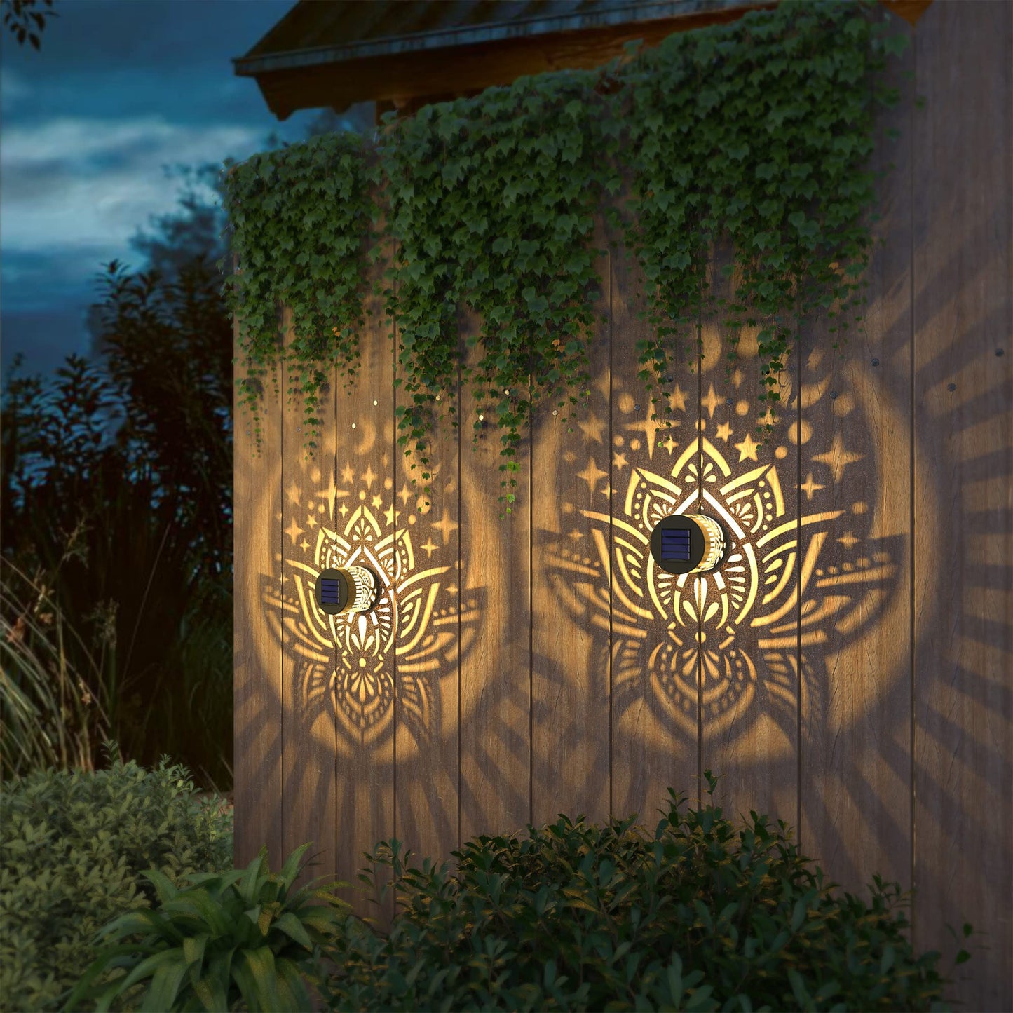 Gardencave 2 Pack Solar Fence Lights Metal Solar Powered Outdoor Wall Deck Lights Lotus Theme Waterproof Fence Light For Garden Post Patio Backyard Yard Decor (Lotus  2 Pack)