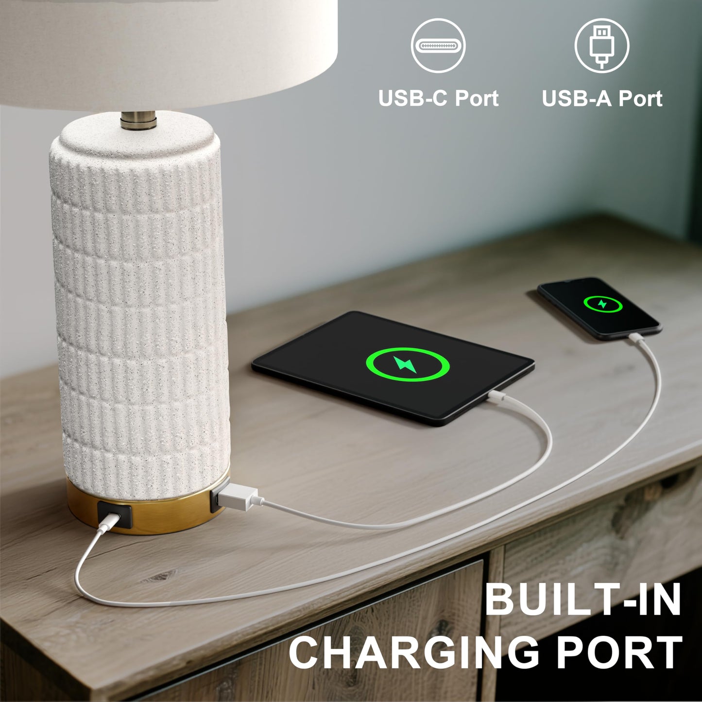 PoKat Touch Bedside Table Lamp with USB Port, 25in  Dimmable, Frosted White Ceramic, Gold Base, Model AMZ-T1102FW-TU