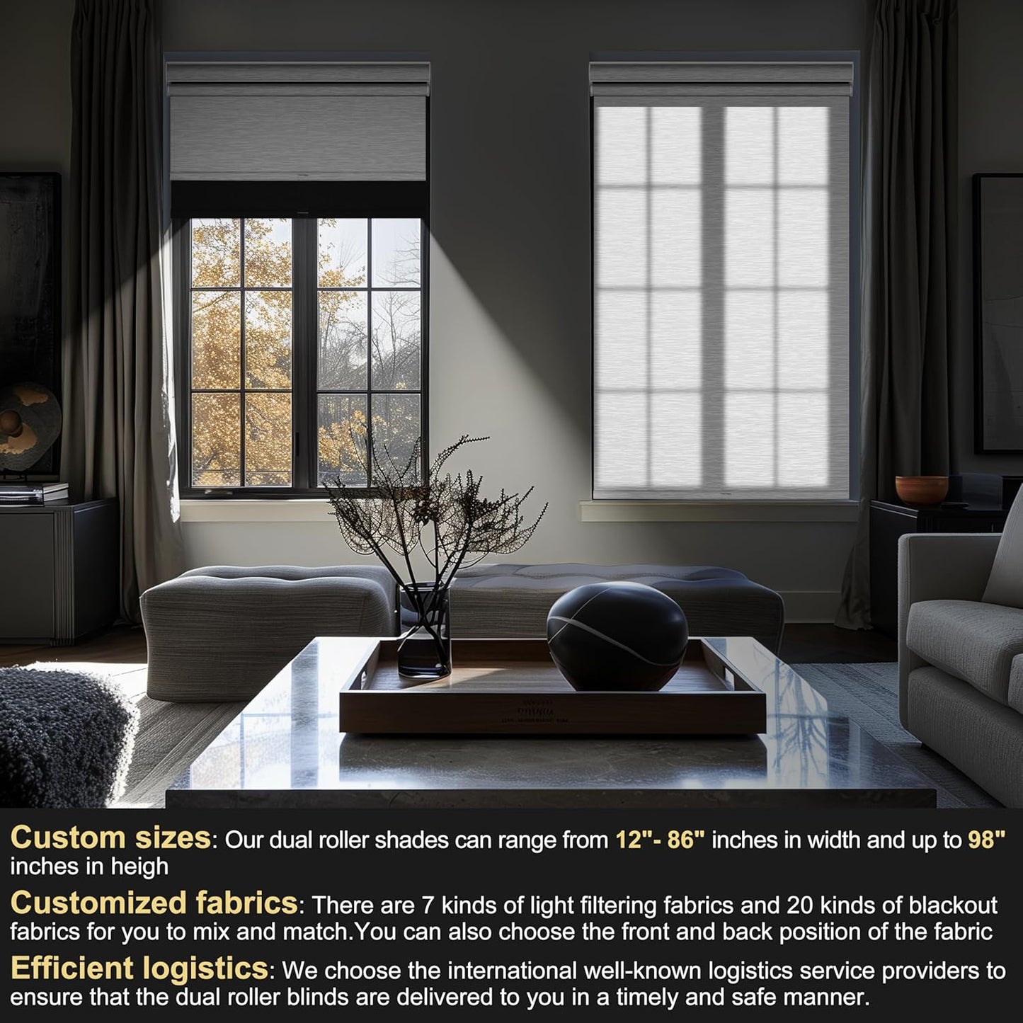BERISSA Cordless Dual Roller Shades With Cassette Valance, Blackout and Light Filtering, Day and Night for Home Office Door - Linen Black and White, 41 W x 64" H