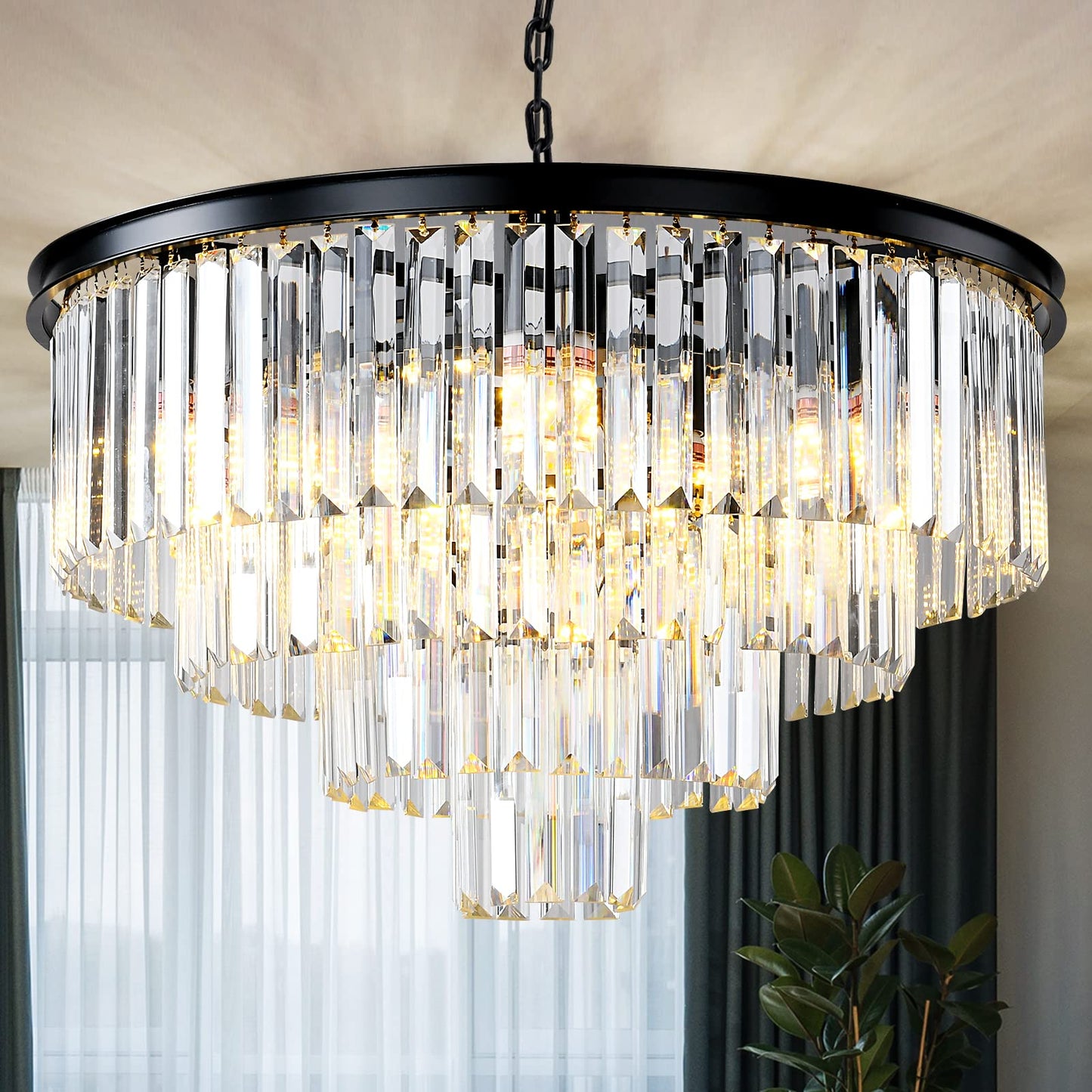 Laiuetai Black Modern Crystal Chandelier  4-Tier Round Flush Mount Ceiling Light Fixtures Height Adjustable Pendant Lighting For Dining Room Living Room Bedroom Kitchen Hotel Foyer