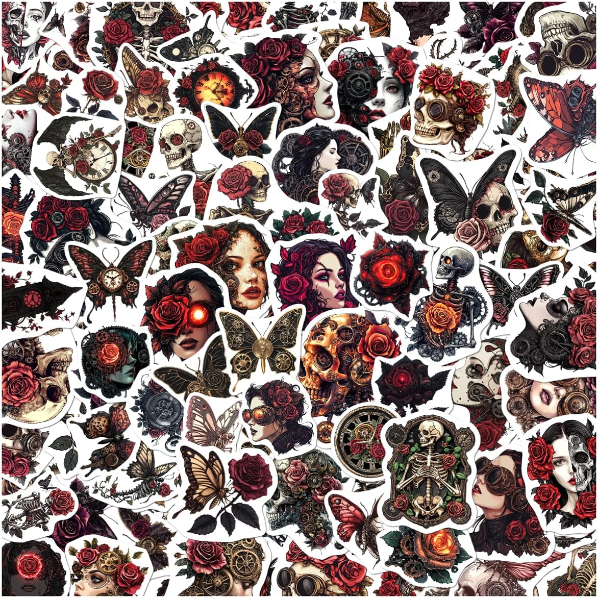 Gothic Steampunk Skeleton Rose Stickers Pack 108Pcs Vinyl Skull Clockwork Butterfly for Laptops Water Bottles Journals DIY Crafts Halloween Decor Car Hat Phone