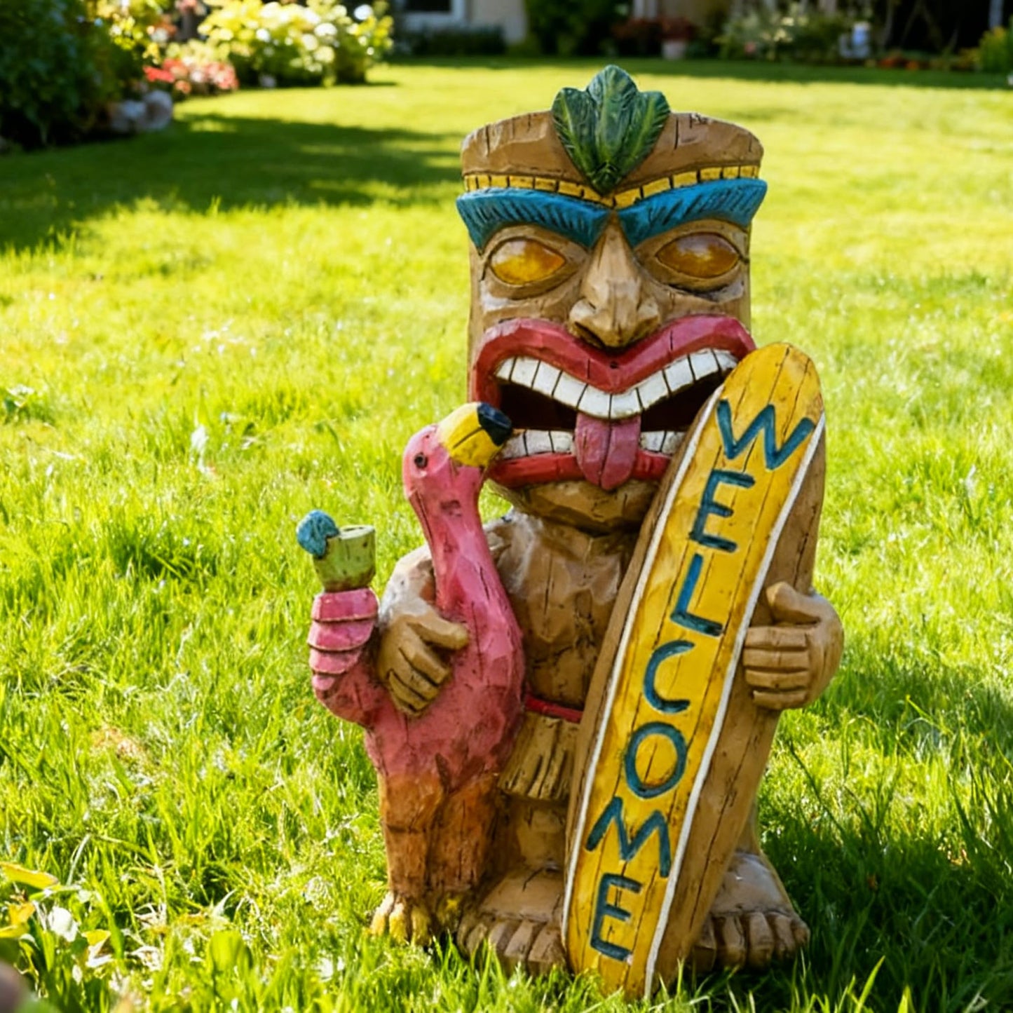 Eptuega Solar Tiki Bar Flamingo Statue - 11.42 Resin Welcome Sign For Patio, Yard, Balcony Decor