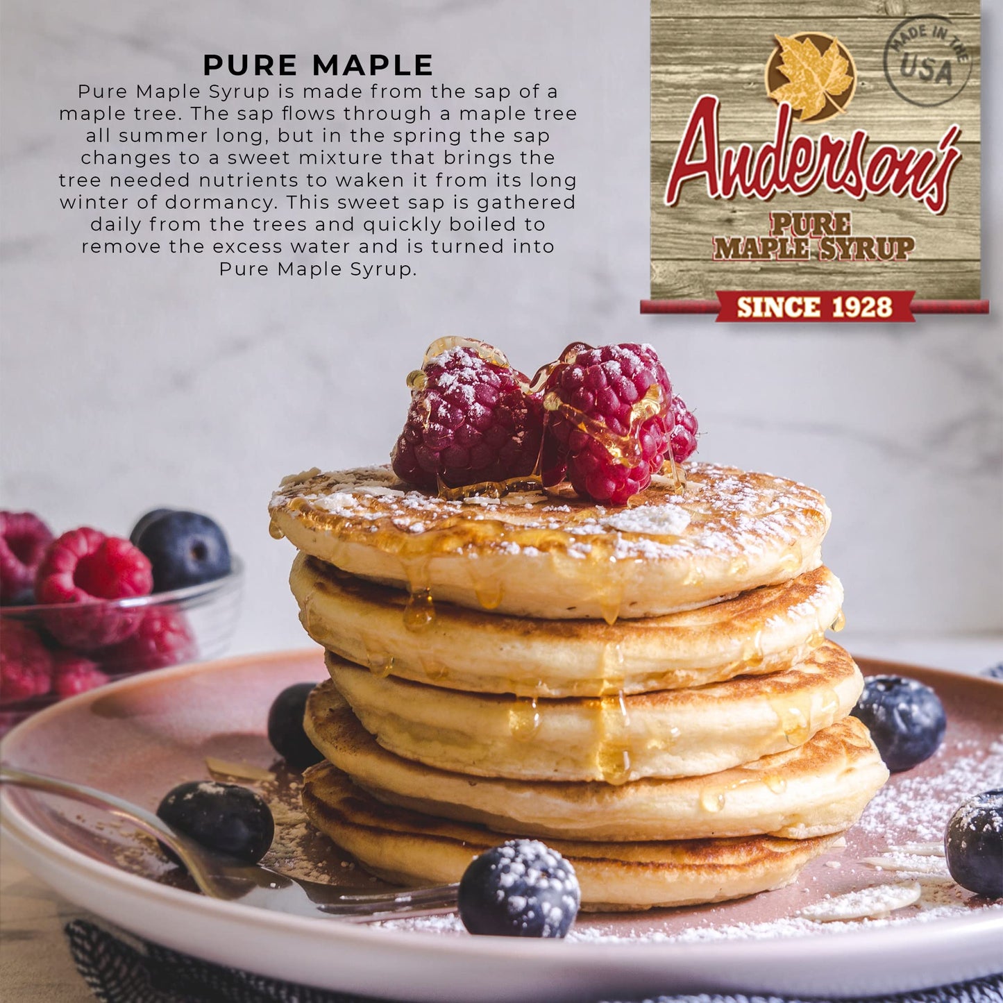 Anderson's Maple Syrup Dark Pure Maple Syrup in a 32 oz. plastic Jug, brown