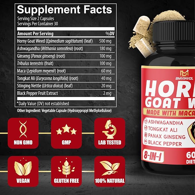 BMVINVOL (2 Packs) Horny Goat Weed Capsules with Maca, Tribulus, Ginseng. Ashwagandha,Tongkat Ali - 8-in-1 for Support Energy Levels