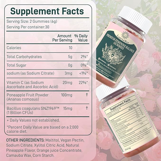 Premium Feminine Balance Gummies - for Women’s Health & Wellness - Immune Support - Vegan, Gluten-Free & Halal - Hawaiian Pineapple - 60 Gummies - 30 Servings (2)
