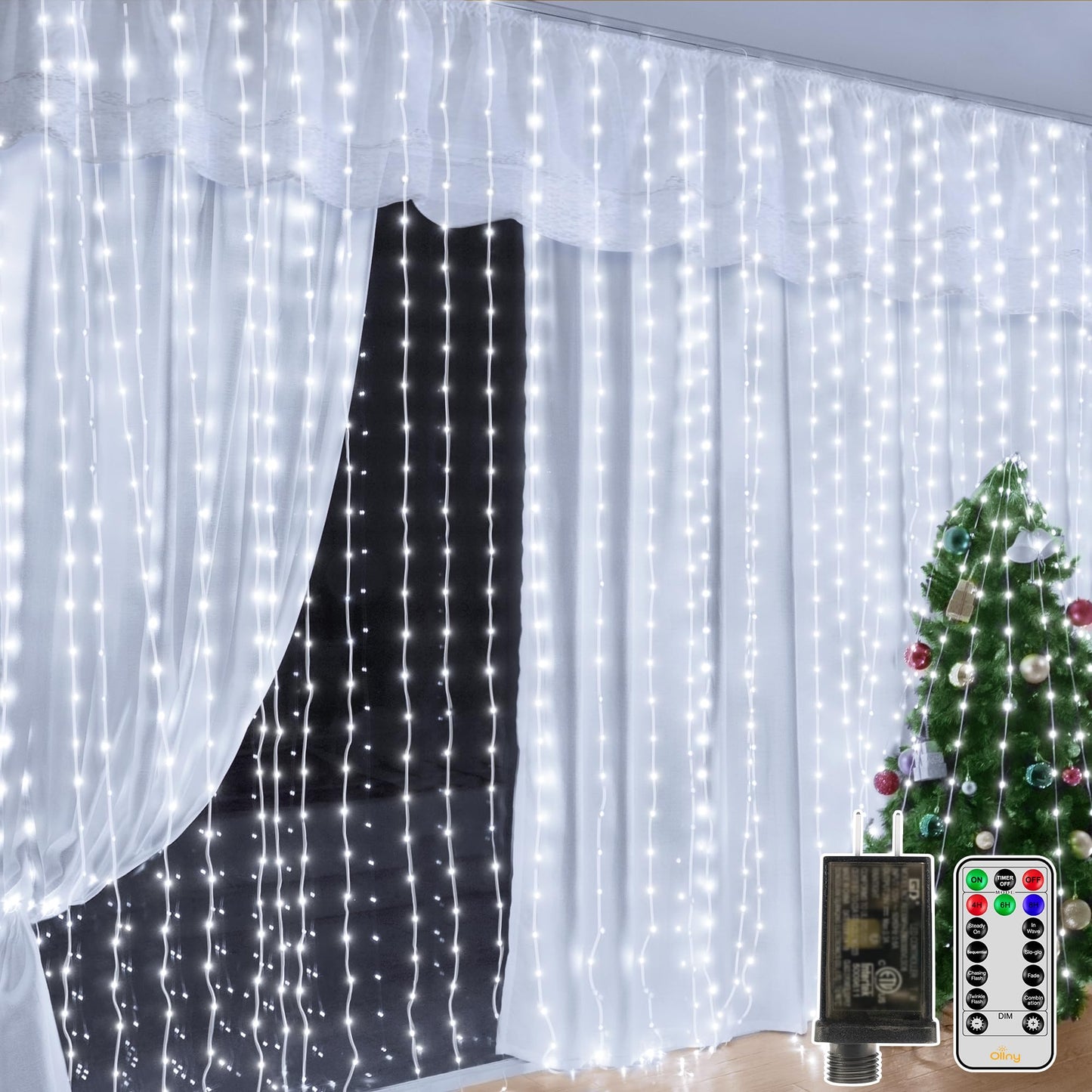 Ollny Curtain Lights 600Led 19.7Ft X 9.8Ft  Ip67 Waterproof Outdoor Curtain Rice Lights With Remote  Plug-In Untangle Fairy Curtain Light With 8 Modes 3 Timers For Wall Backdrop Decor(Cool White)