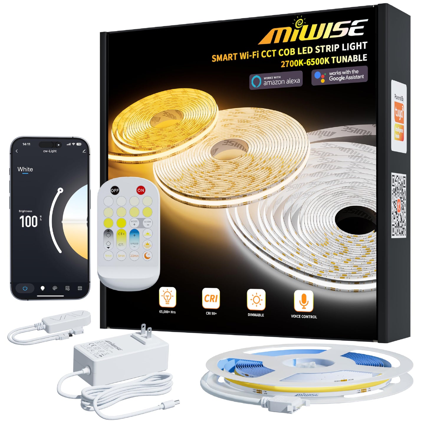 MIWISE COB LED Strip Light 20ft 2700K-6500K Dimmable Color Changing with Remote & APP Control Model MCCTCOB576D10W24V-6.