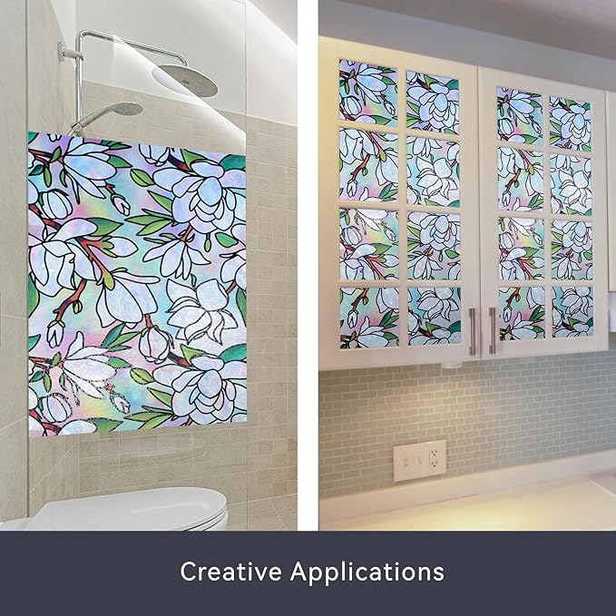 DKTIE Magnolia Pattern Stained Glass Window Film Floral Decorative Window Privacy Film with Rainbow Effect Front Door Bathroom Room Decor (S678, 17.7in X 118.1in)
