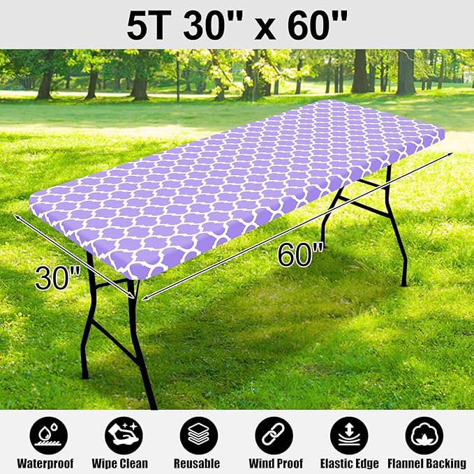 Smiry Rectangle Picnic Table Cover, Waterproof Elastic Fitted Camping Tablecloths for 5 Foot Tables, Wipeable Flannel Backed Vinyl Tablecloth Protector for Indoor, Outdoor (Lavender, 30x60 Inches)