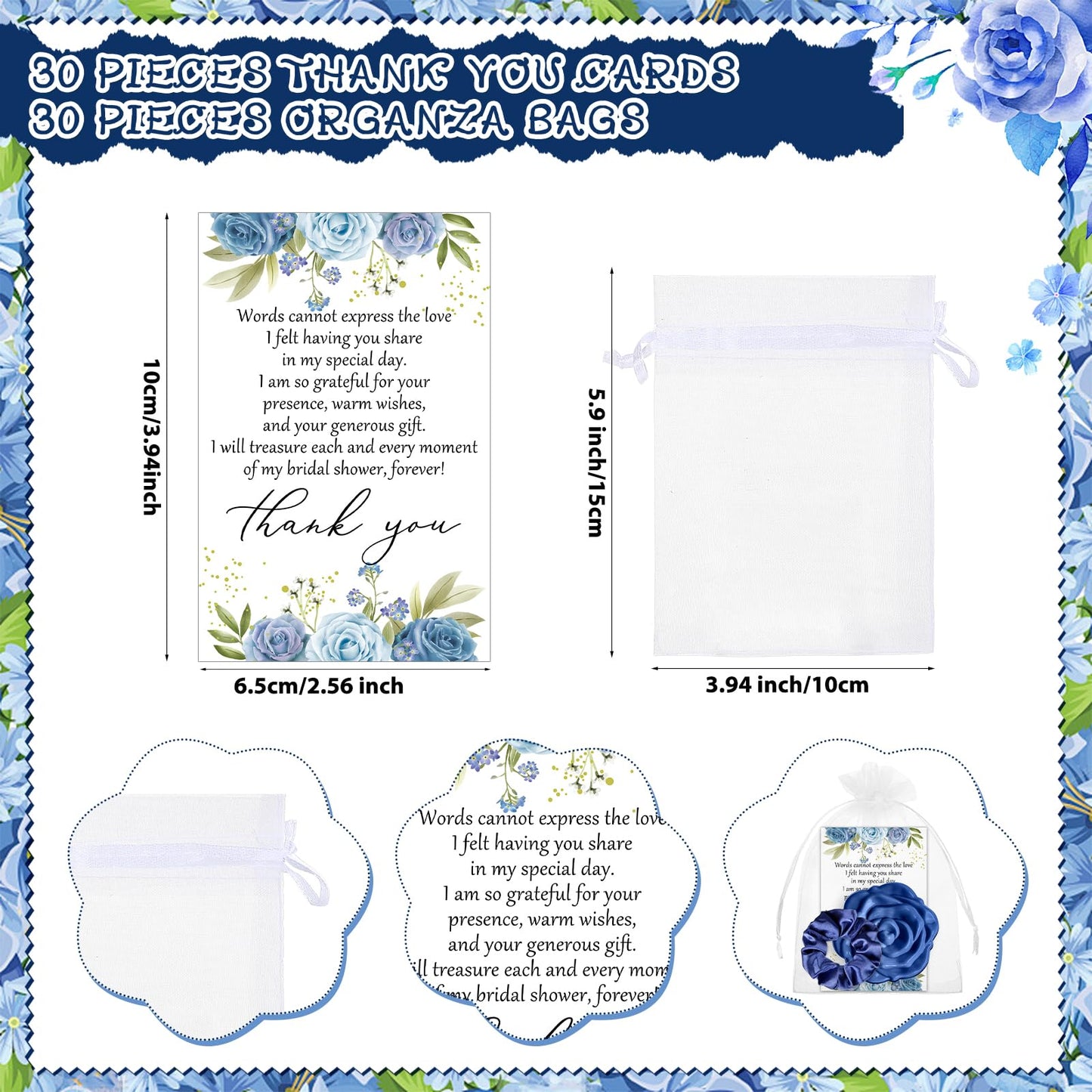 XunYee 30 Sets Bridal Shower Favors for Guests 30 Rose Compact Mirror Bulk 30 Hair Ties Satin Elastic Scrunchies 30 Thank You Ca