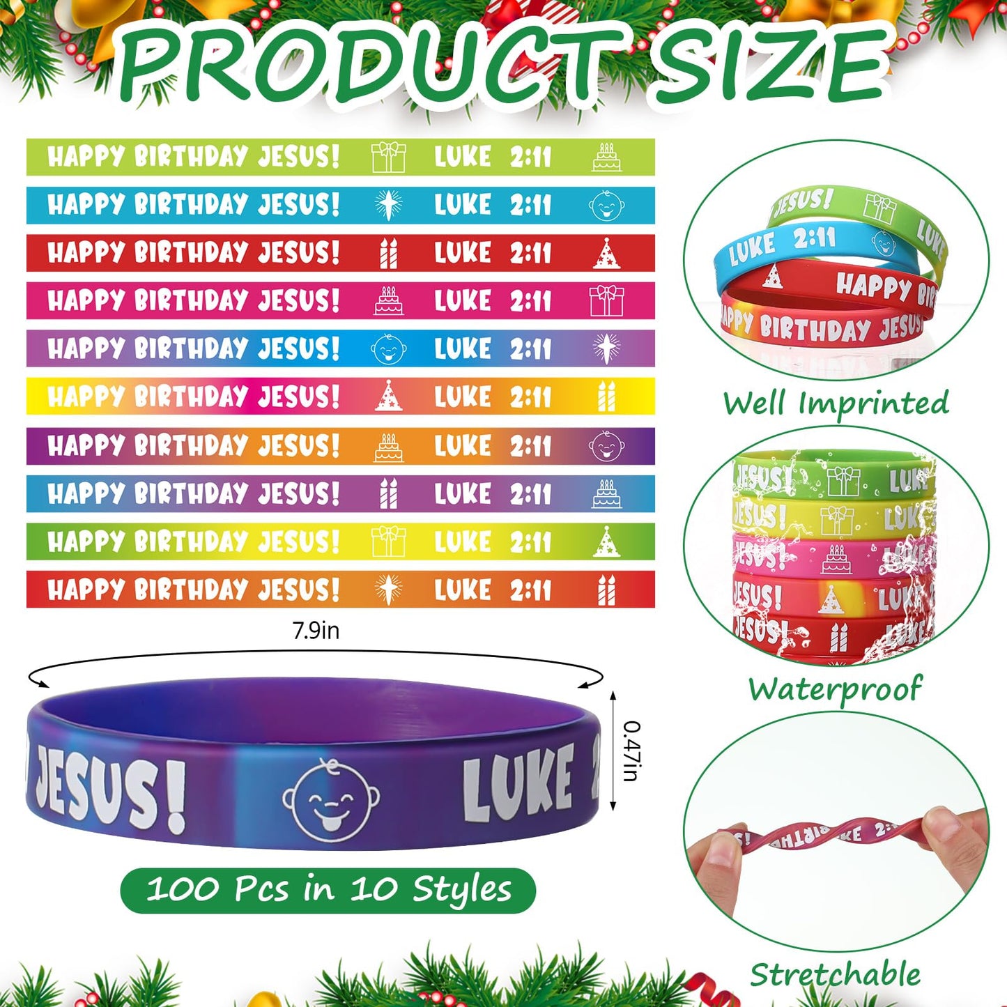 PullCrease 100 Pcs Happy Birthday Jesus Wristband Christmas Luke 2: 11 Rubber Wristband 10 Styles with Christian Religious Cross