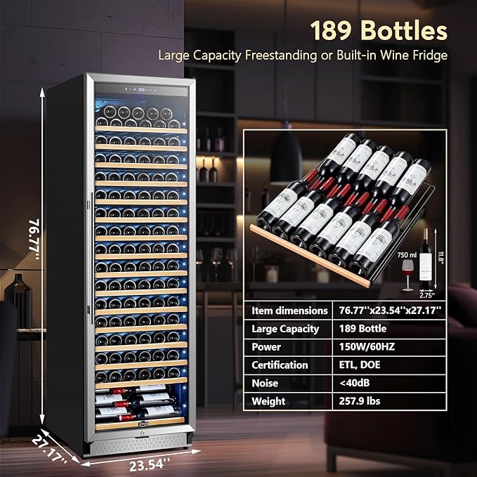 Tylza Wine Fridge 24 Inch, 189 Bottles Large Wine Cooler Refrigerator, Built-in or Freestanding Tall Wine Cooler with Upgraded Compressor, Low Noise, Fast Cooling and Intelligent Temperature Memory