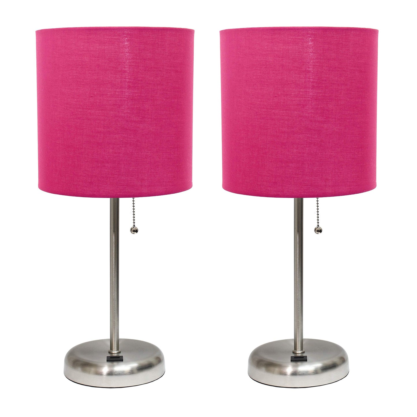 Simple Designs LC2002-PNK-2PK Brushed Steel Table Lamp Set with USB Port, Pink Fabric Shades, 2 Pack