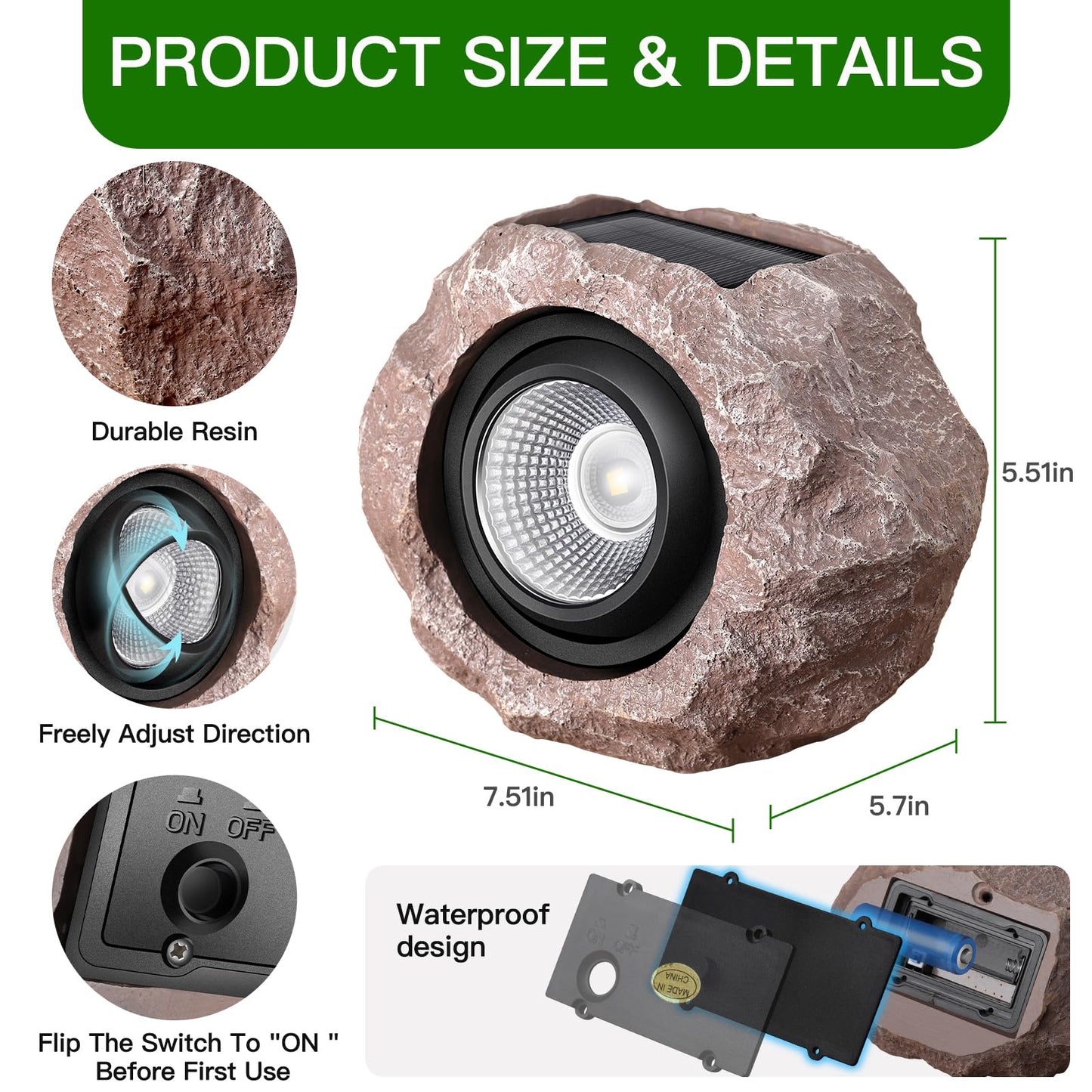 Timeflies Solar Rock Lights - Super Bright Ip65 Waterproof Outdoor Spot Lights, 1 Pack, Resin, Auto On/Off For Gardens & Patios