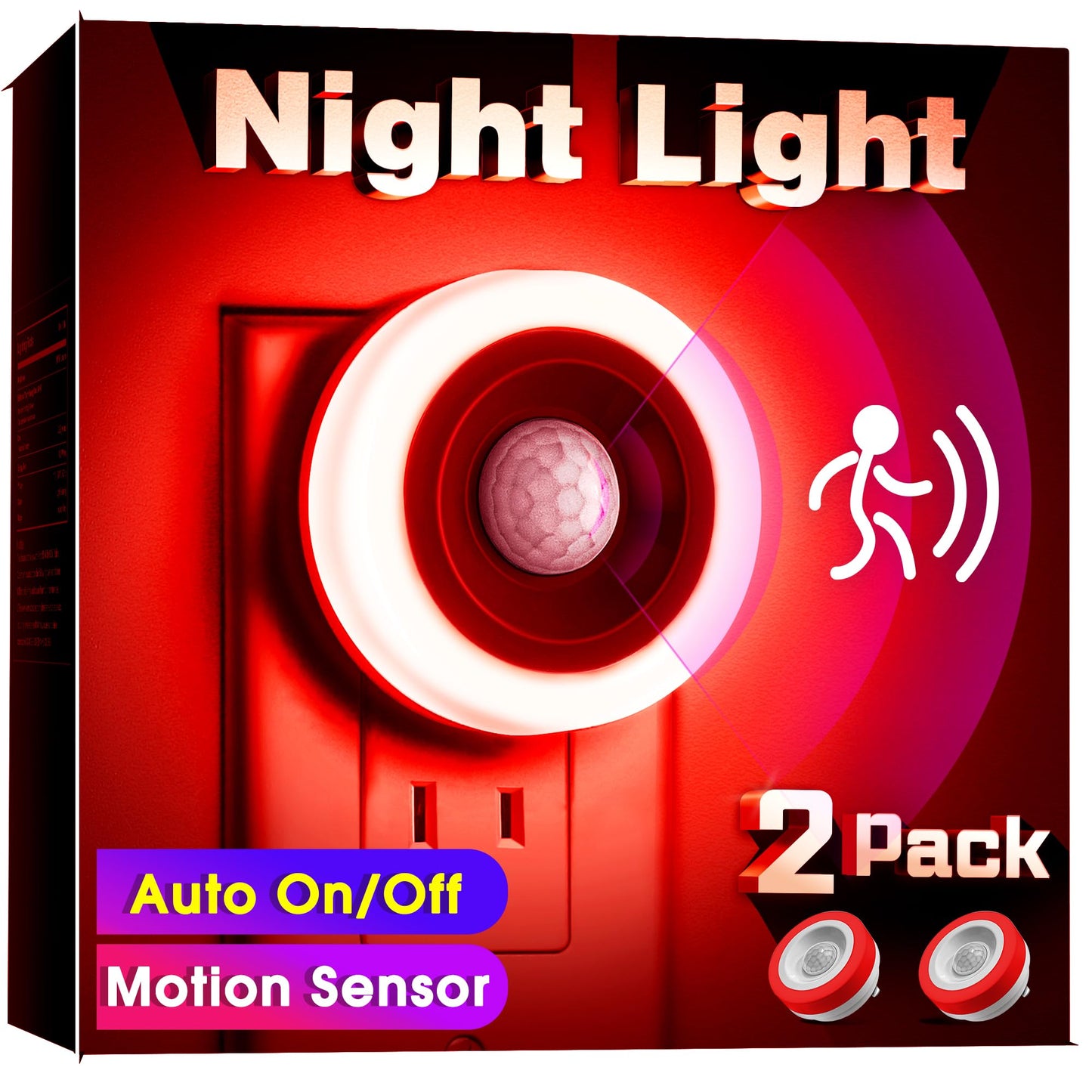 Briignite Motion Sensor Night Light, Auto On/Off, LED, 0.6W, 2 Pack, Red
