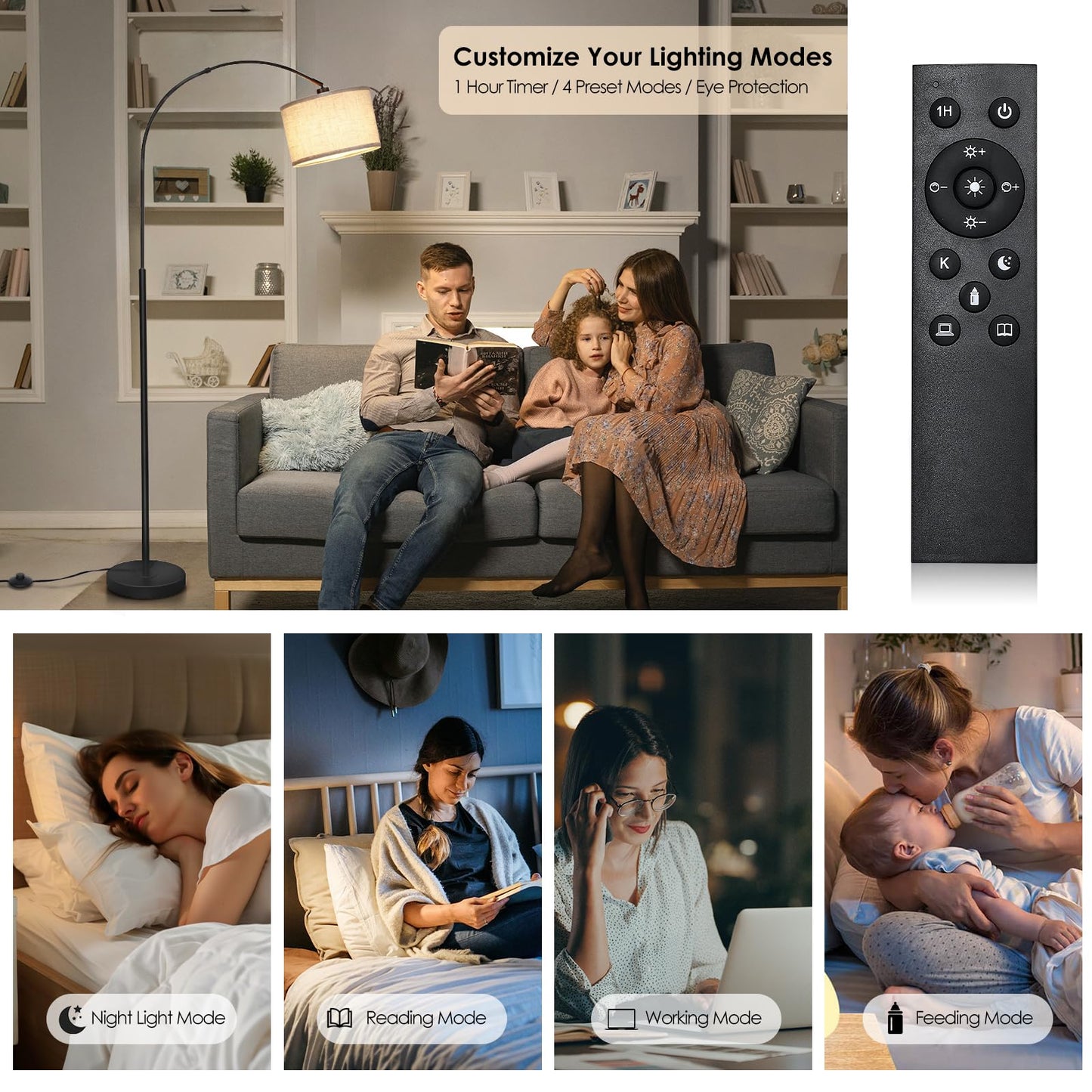 Qingmiao Arc Floor Lamp, Modern Dimmable Standing Lamp With Remote, Black Metal Shade, Foot Switch, Ideal For Living Room Or Bedroom