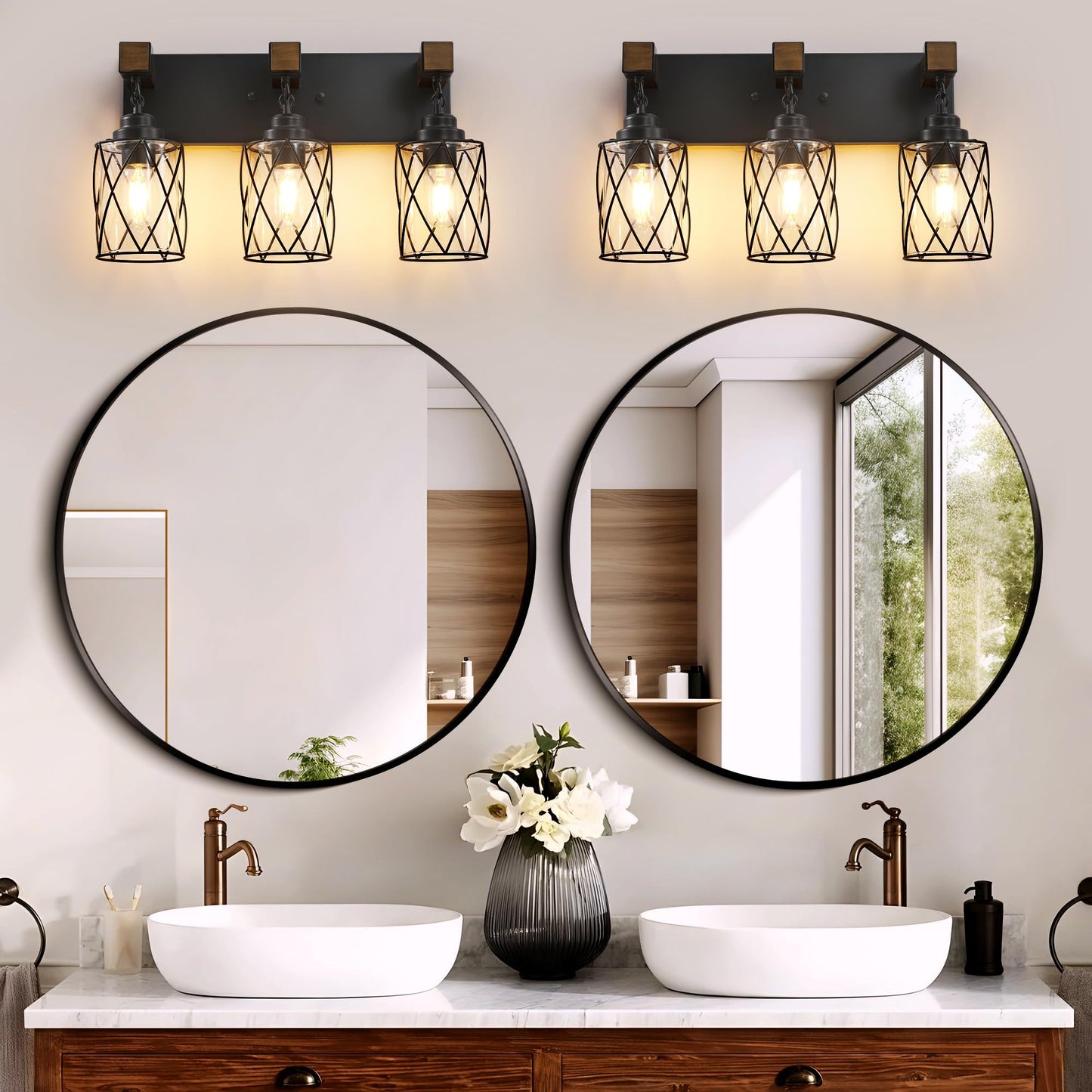 Farmhouse Bathroom Light Fixtures  3 Light Bathroom Vanity Light With Metal And Glass Lampshade  Wood Rustic Lighting Fixtures Over Mirror  Black Wall Sconces For Living Room  Bedroom