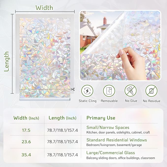 LUTE Window Privacy Film, Rainbow Window Film, 3D Decorative Stained Glass Cling, Non-Adhesive Vinyl Static Cling Removable Glass Stickers, Sun UV Blocking Decal Covering for Home, 23.6 x 157.4 inches