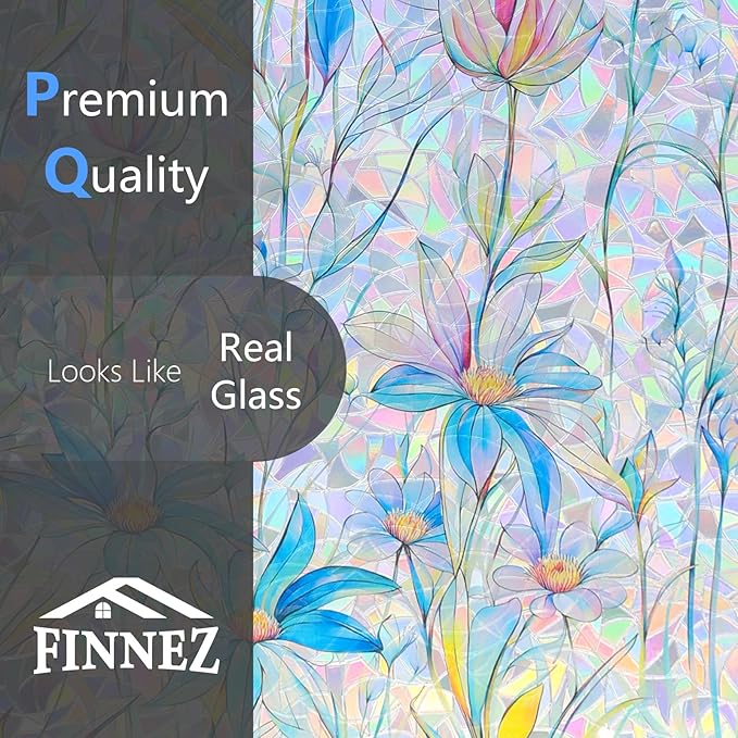 FINNEZ Window Privacy Film Stain Glass Film Flowers Rainbow Window Film Window Clings Non-Adhesive Reusable Decorative for Home（Blue Lotus，35.4 Inch x 6.5 Feet）