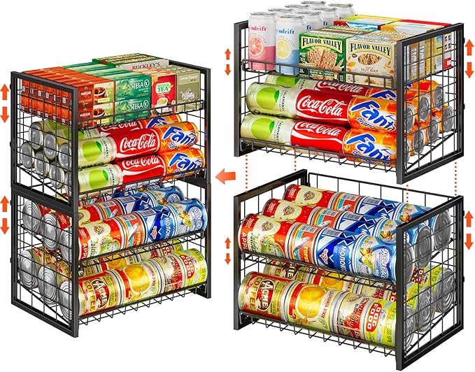 X-cosrack 2 Packs Stackable Can Rack Organizer for Pantry, 2-Tier Adjustable Pantry Can Storage Organizer for Canned Food Can Goods, Kitchen Can Dispenser Holder for Soda Drinks Snack, Black