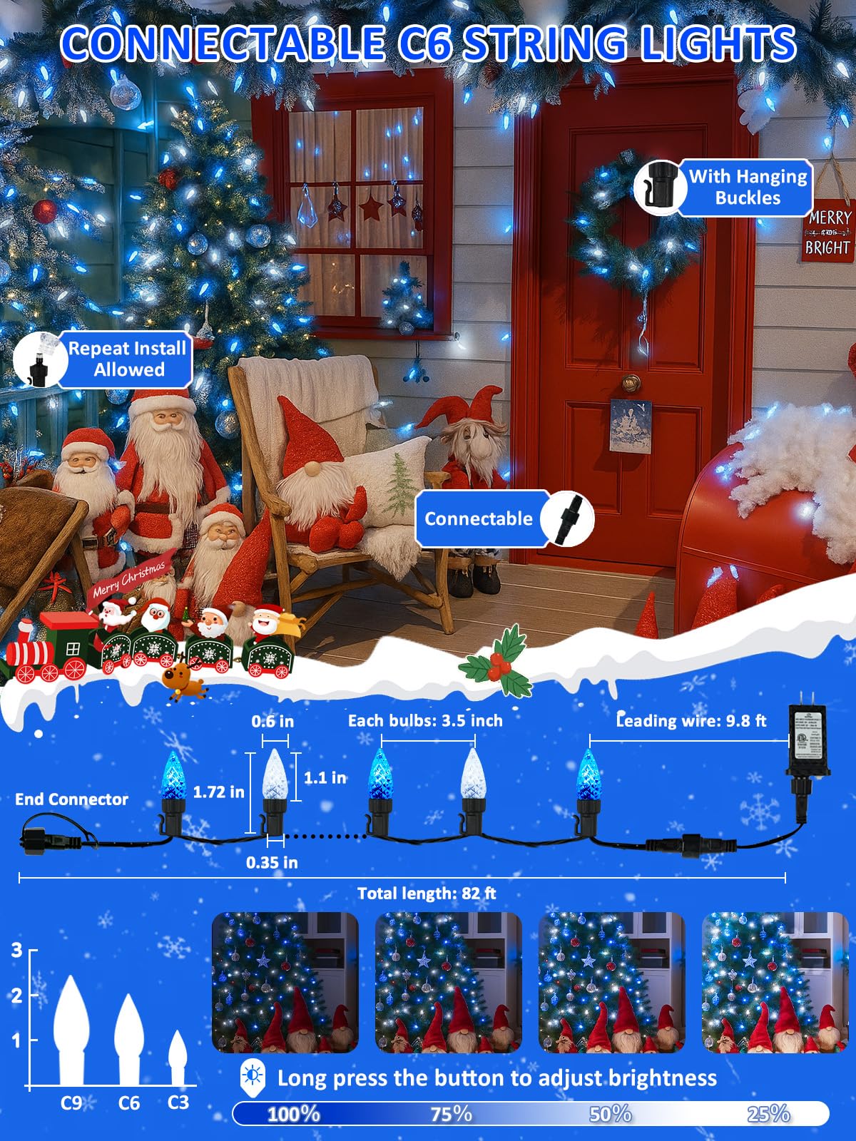 Upgraded 250 Led C6 Connectable Christmas String Lights Blue And White  82Ft Waterproof Christmas Twinkle Light Outdoor  Plug In Fairy Light Indoor With 13 Modes & Timer For Christmas Tree Decorations