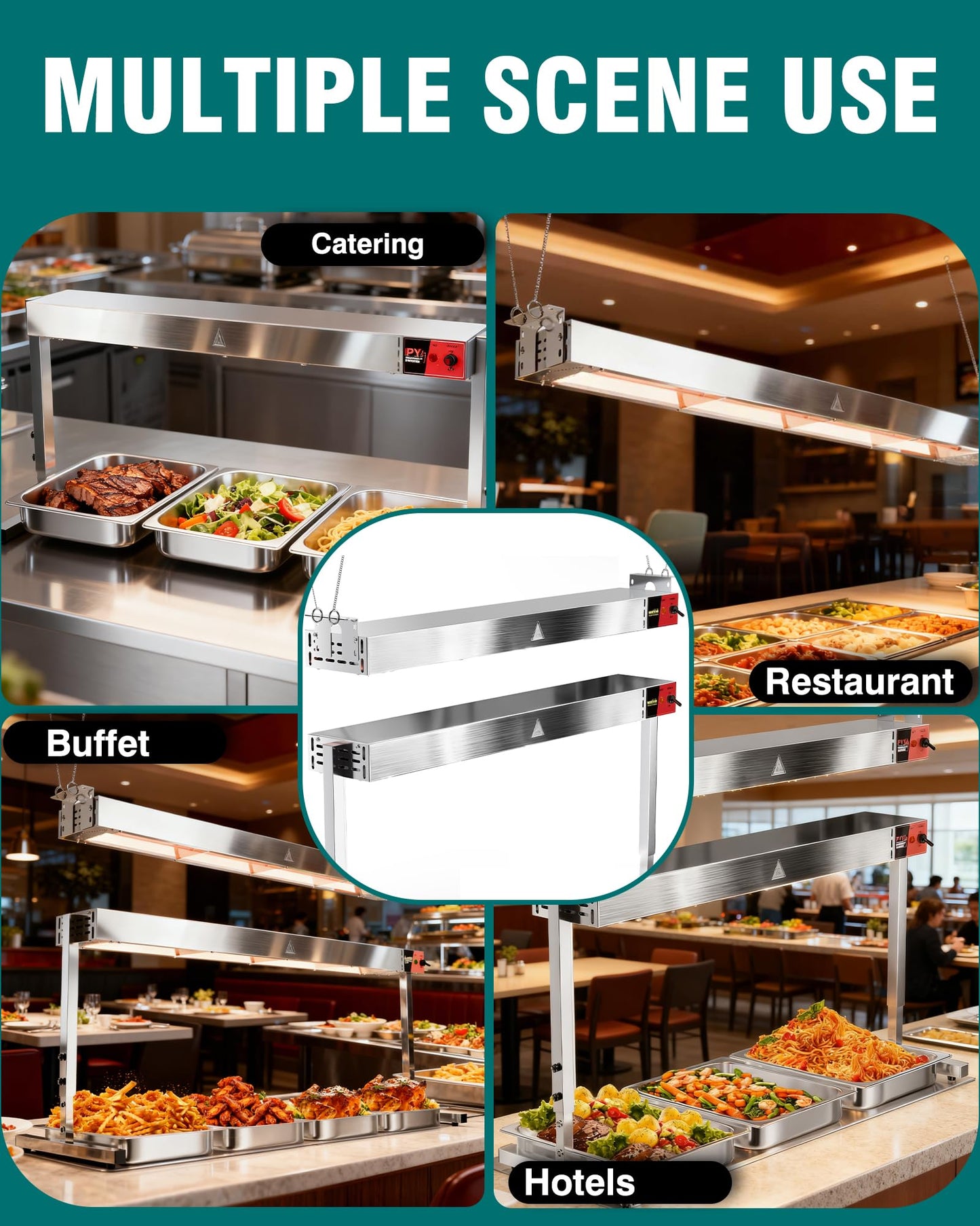 WantJoin Food Heat Lamp 24'' - 800W Commercial Food Warmer Lamp Overhead Hanging & Standing Electric Strip Heating Lamps for Buffet Catering Restaurant Parties, Silver