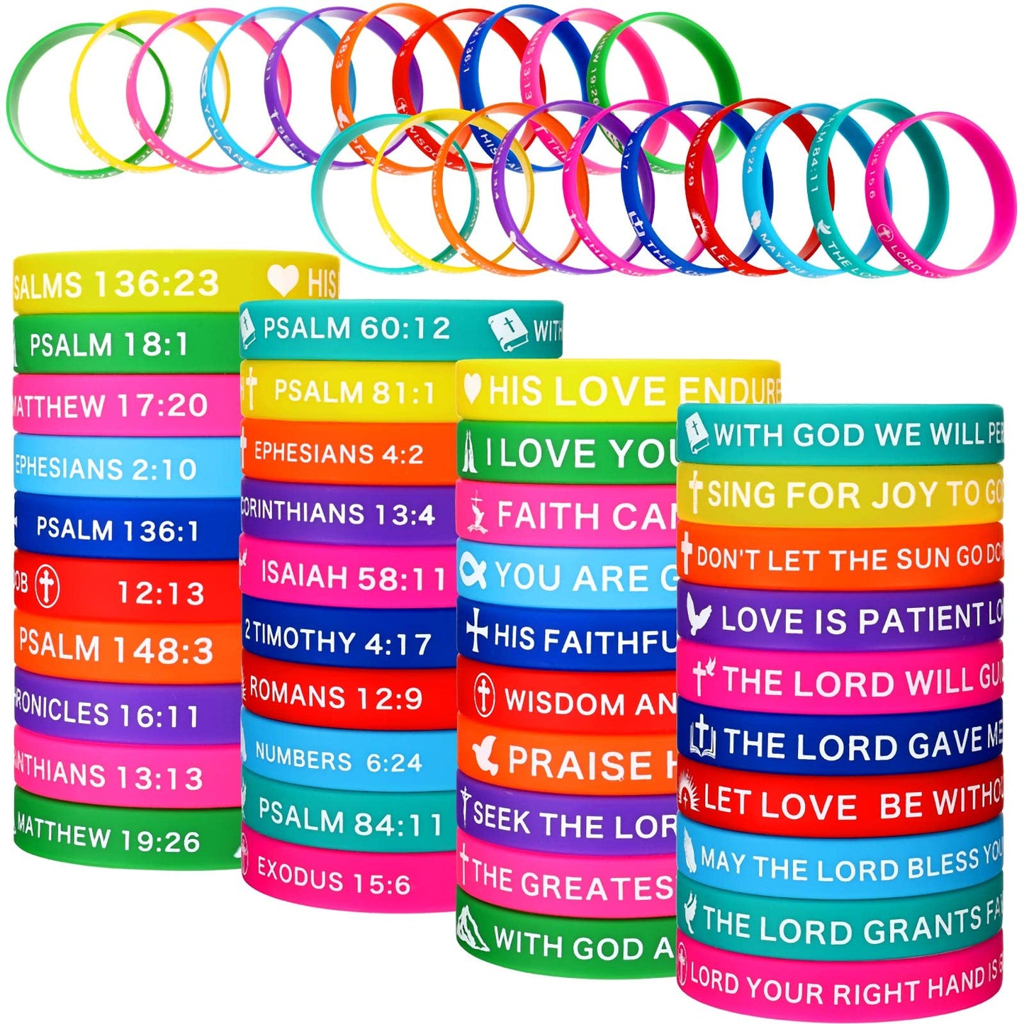 Minatee 60 Pcs Religious Silicone Bracelets Bulk Bible Verse Bracelet Motivational Christian Rubber Bracelets Jesus Wristbands I