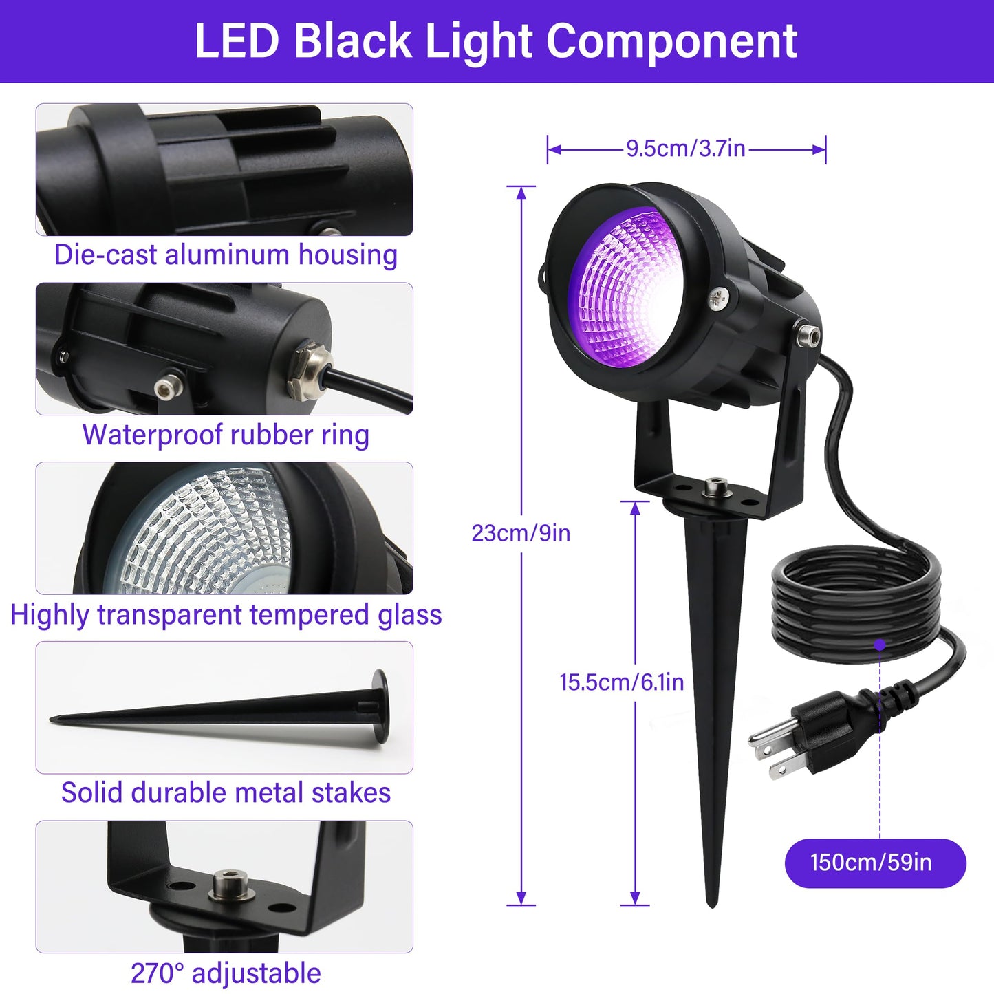 Qeeanmo Halloween Outdoor Blacklight Spotlight 12W Outdoor Black Lights For Glow Party Purple Led Landscape Lighting For Yard Garden Poster Bar Decoration 2Pack