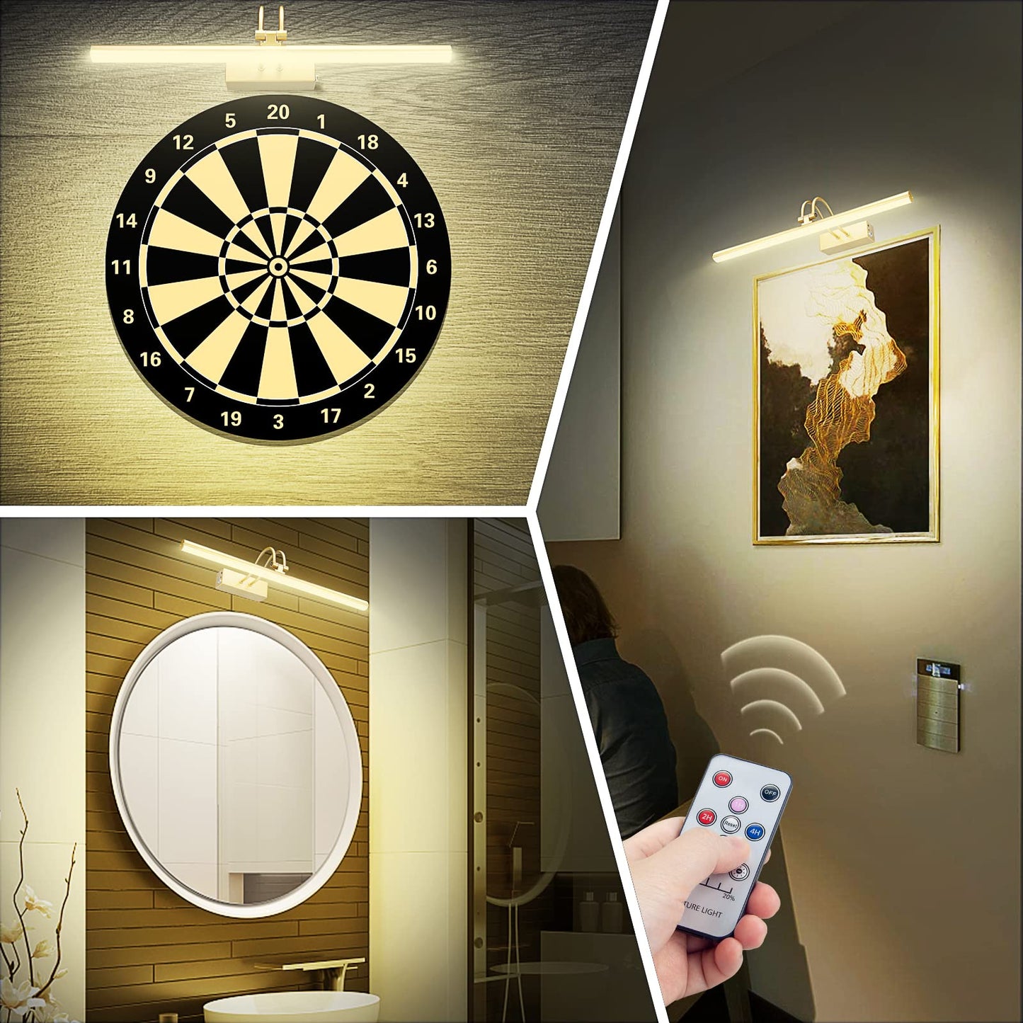 RAIFOOLLY Picture Light, 20in Battery Operated Art Light, Remote Control, Dimmable, Metal, Gold, Model RF00181