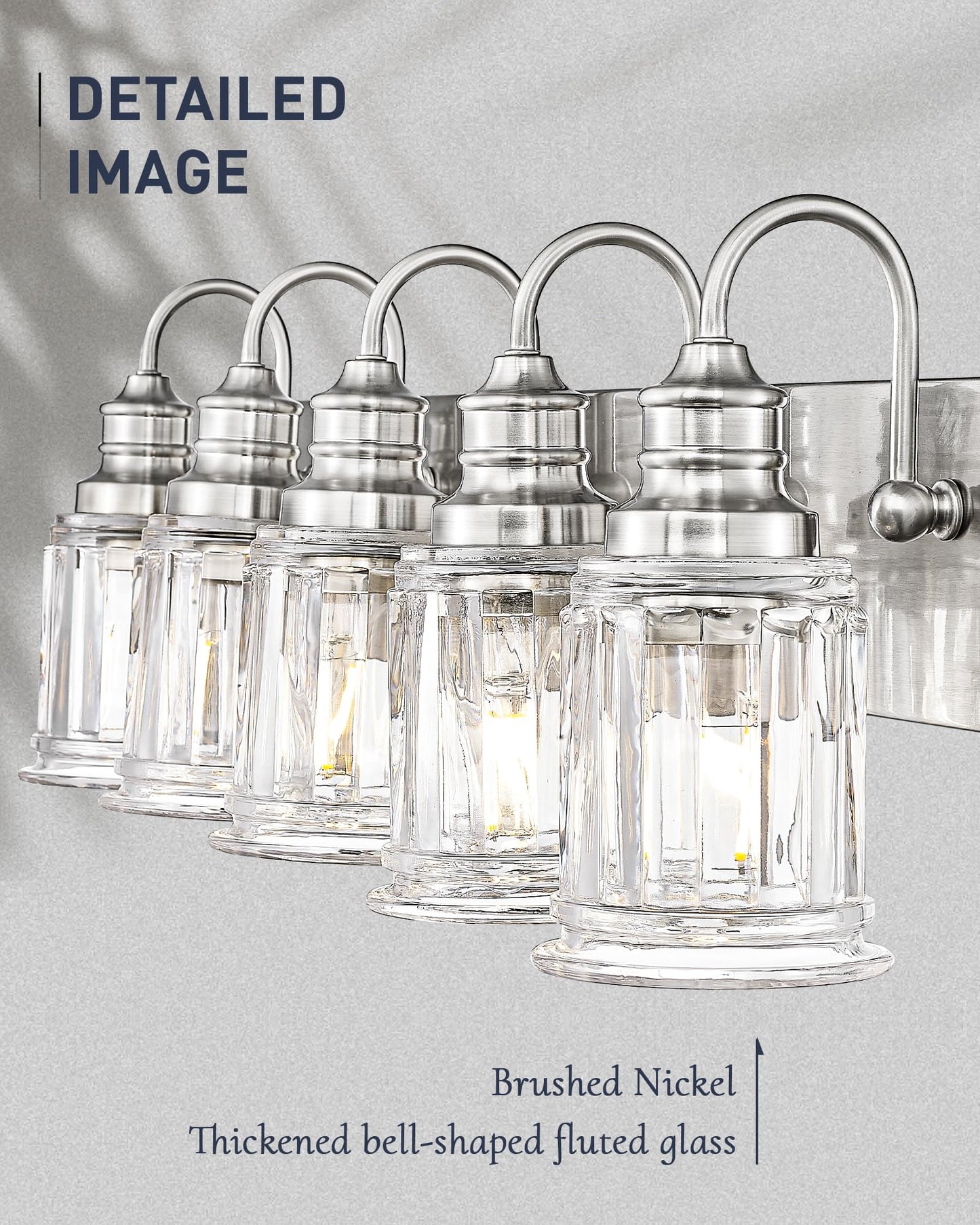 Bathroom Light Fixtures  Hwh 5-Light Vanity Light  Modern Brushed Nickel Wall Lighting Over Mirror  Bell-Shaped Striped Glass  5Hzg106B-5W Bn