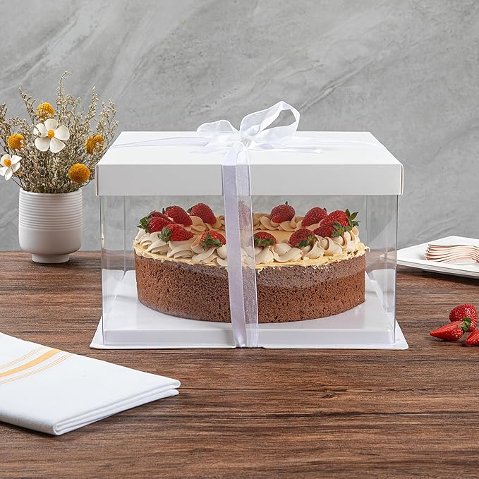 Restaurantware-Sweet Vision 10 Inch x 8.25 Inch Transparent Cake Boxes, 10 Grease Resistant Base Clear Cake Boxes - White Lid, Gray Ribbon, Plastic Birthday Box, For Weddings Or Birthdays