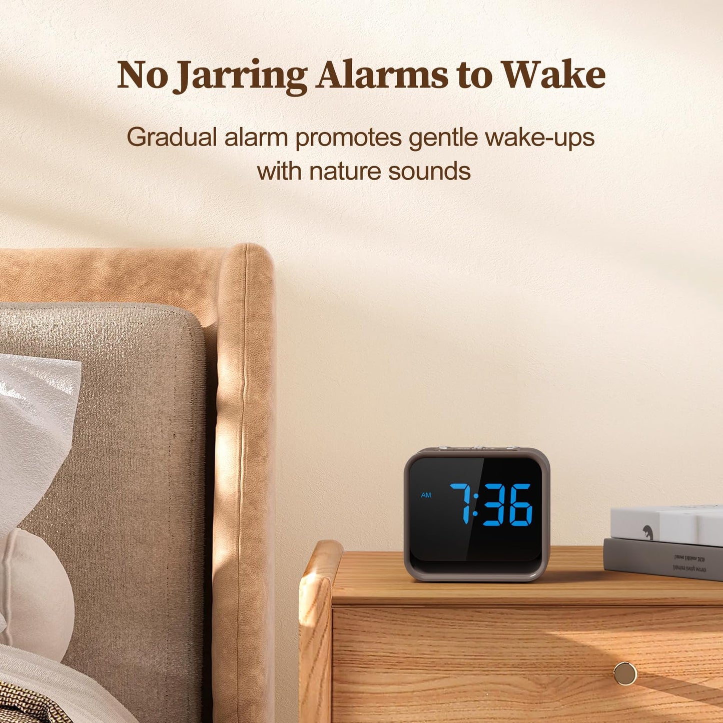 Housbay Wooden Sound Machine Alarm Clock for Bedrooms - Gentle Wake-Up with Birdsong, White Noise for Sleeping, Small Digital Clock for Phone-Free Routine - Walnut Wood