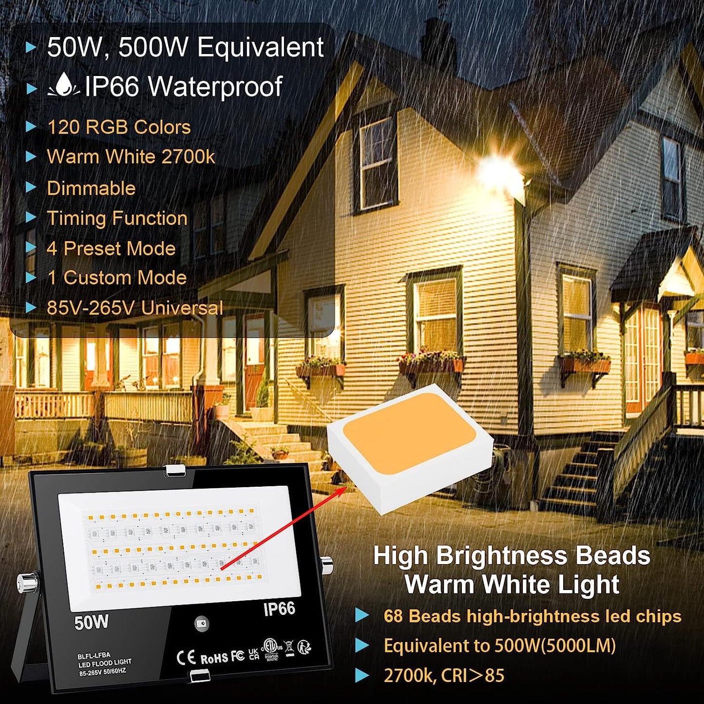 Hydong Led Flood Light 500W Equivalent Rgbw 2-Pack, Remote Control, Dimmable, 5000Lm