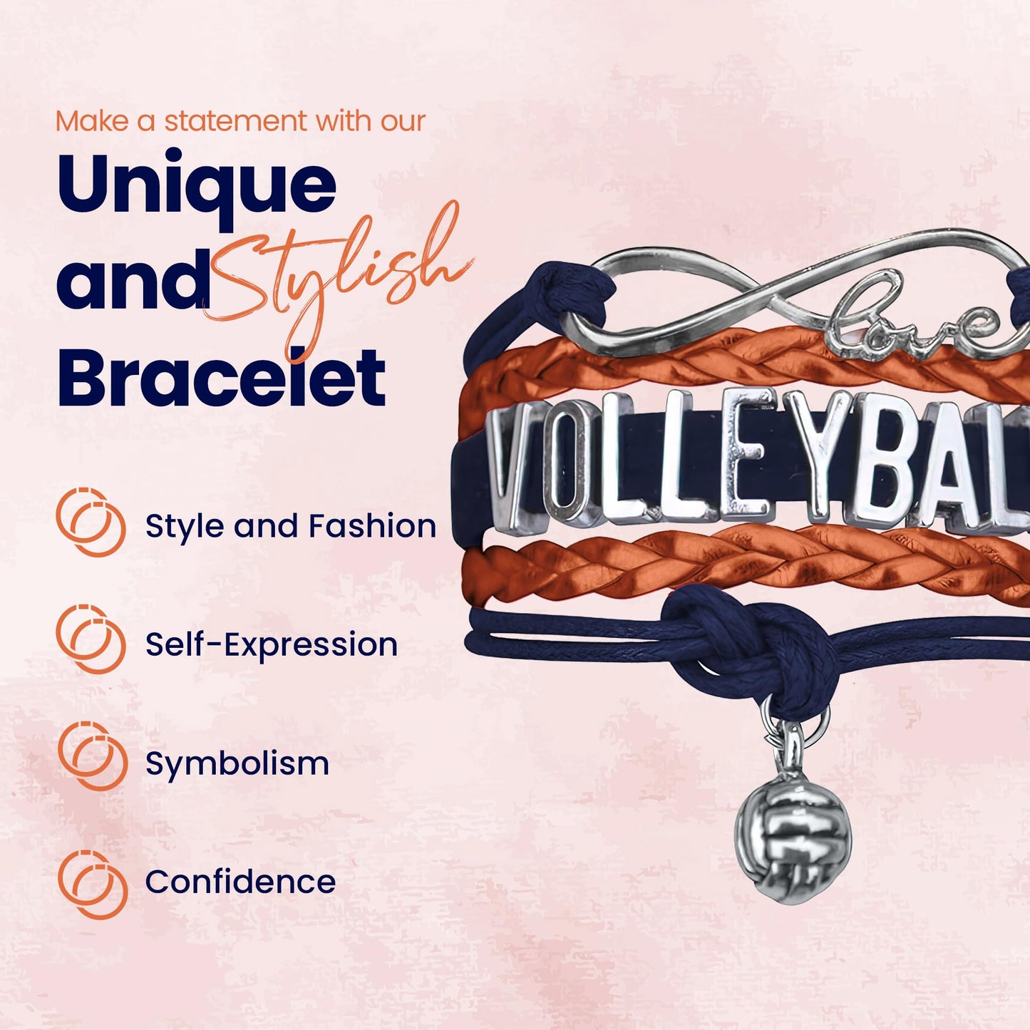 Sportybella Volleyball Bracelet, Navy and Orange Adjustable Infinity Love Charm Bracelet, Volleyball Jewelry and Accessories, Gi