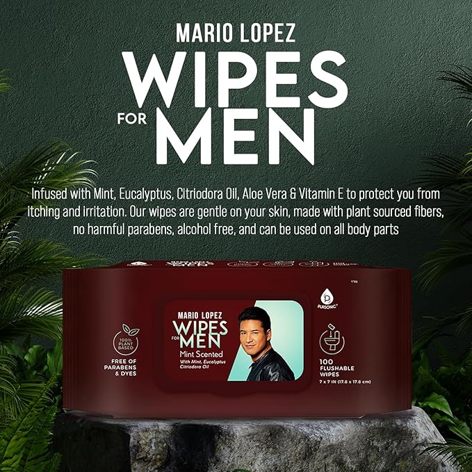 Pursonic Mario Lopez Mint Flushable Wipes for Men - 12 Packs 100Ct(1200 Total) - Plant-Based Face & Body Wipes for Gentle, Refreshing Daily Hygiene