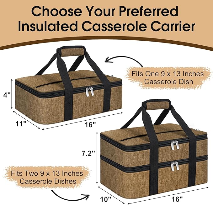 Insulated Casserole Carrier, Portable Casserole Carrier for Hot or Cold Food Lunch Tote Warmer or Cooler Bag, Lasagna Lunch Bag for Potluck Parties- Fits 9" x 13" Baking Dish-Coffee