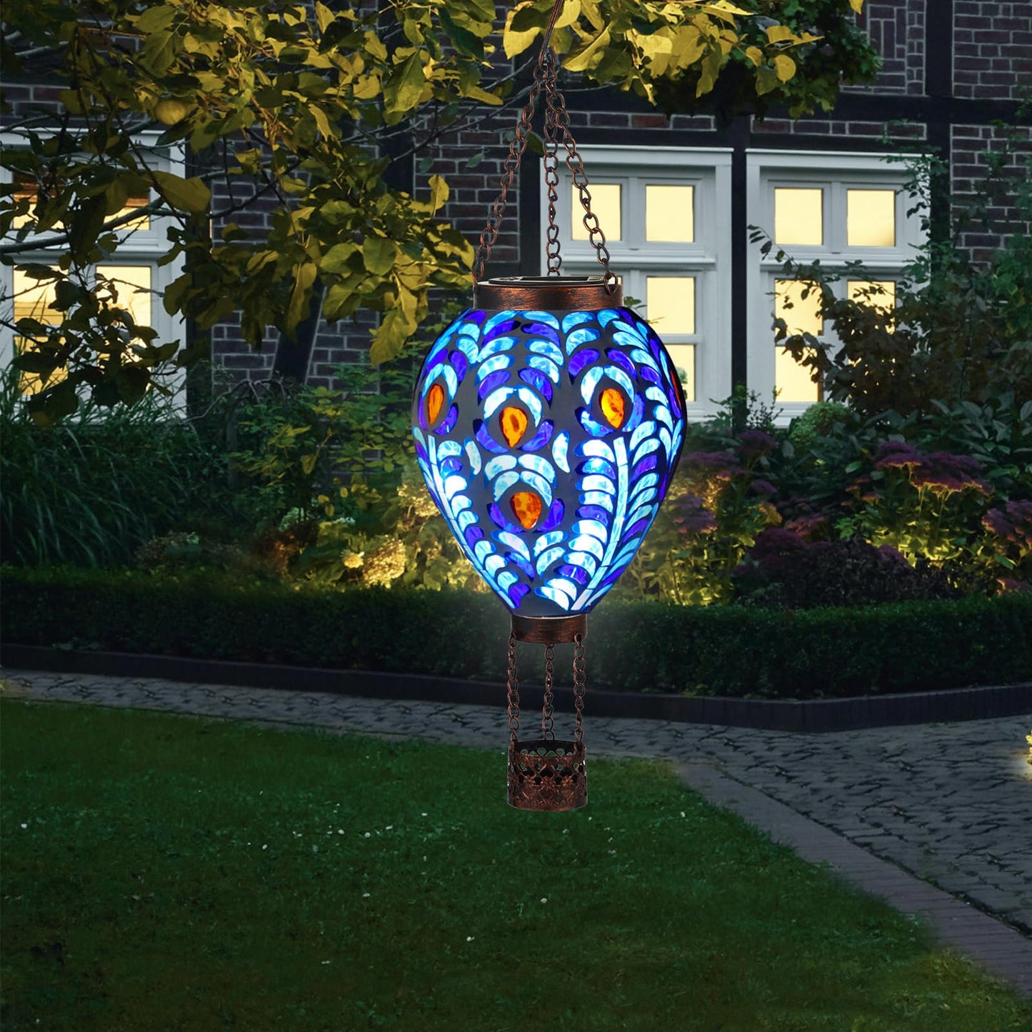 Voreen Hot Air Balloon Solar Lantern  Handmade Mosaic Solar Outdoor Hanging Wind Light  Waterproof  Patio Festive Decor  Gift For Mom Wife Friend  Peacock Feather Design