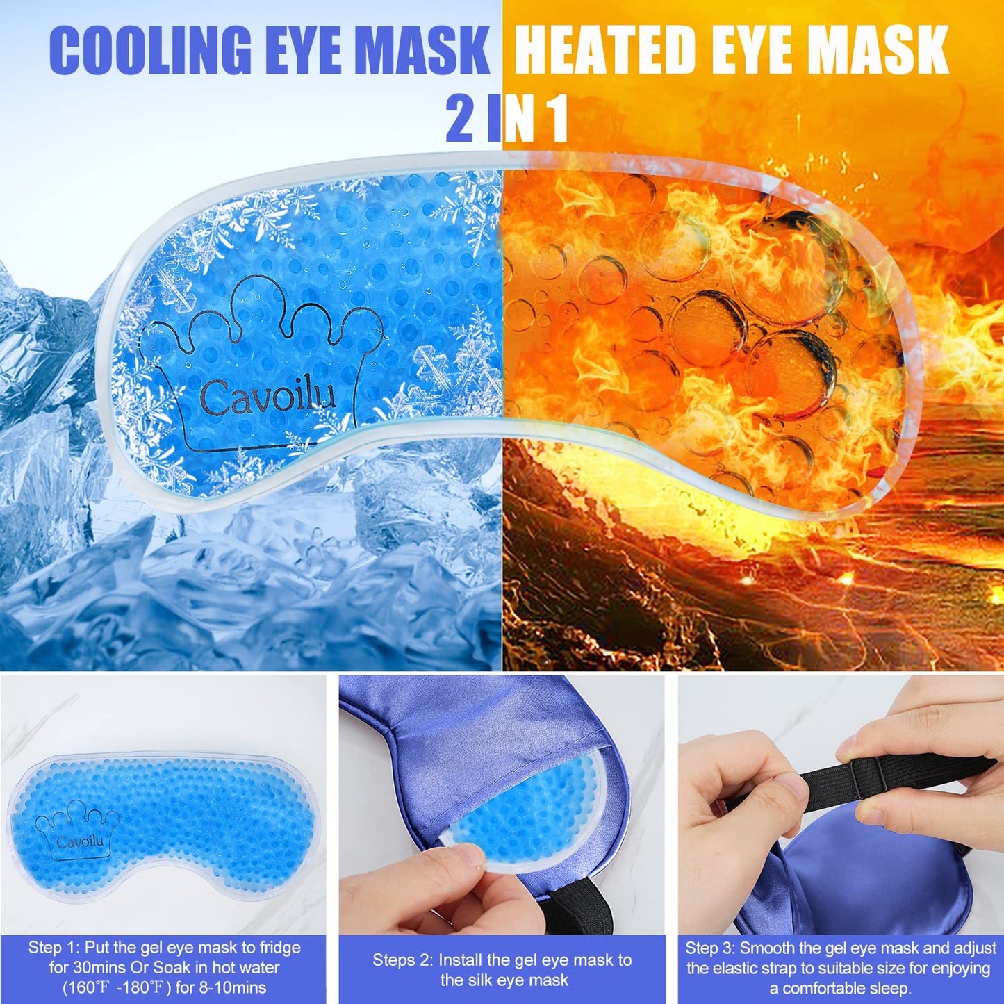 Cavoilu Cooling Sleep Mask w/Gel Eye Mask, Silk Eye Mask for Sleeping, Heated Eye Masks, Blindfold Eye Cover Sleeping Mask for Home Office Travel, Gifts for Men Women, Stocking Stuffers (Blue)