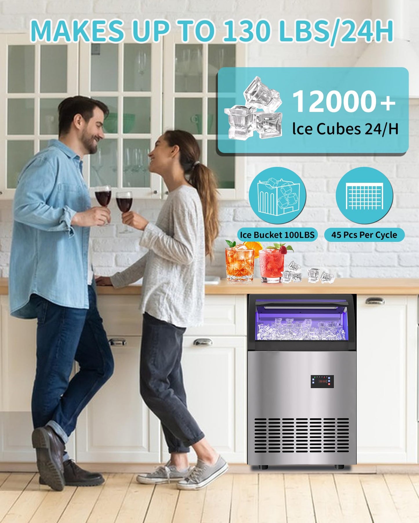 Quyndor Commercial Spray Drench Ice Maker Machine 130 Lbs/Day, Undercounter Ice Makers 100Lbs Storage Bin and 45 Ice Trays, Under Counter ice Maker for Home, Bar, Party