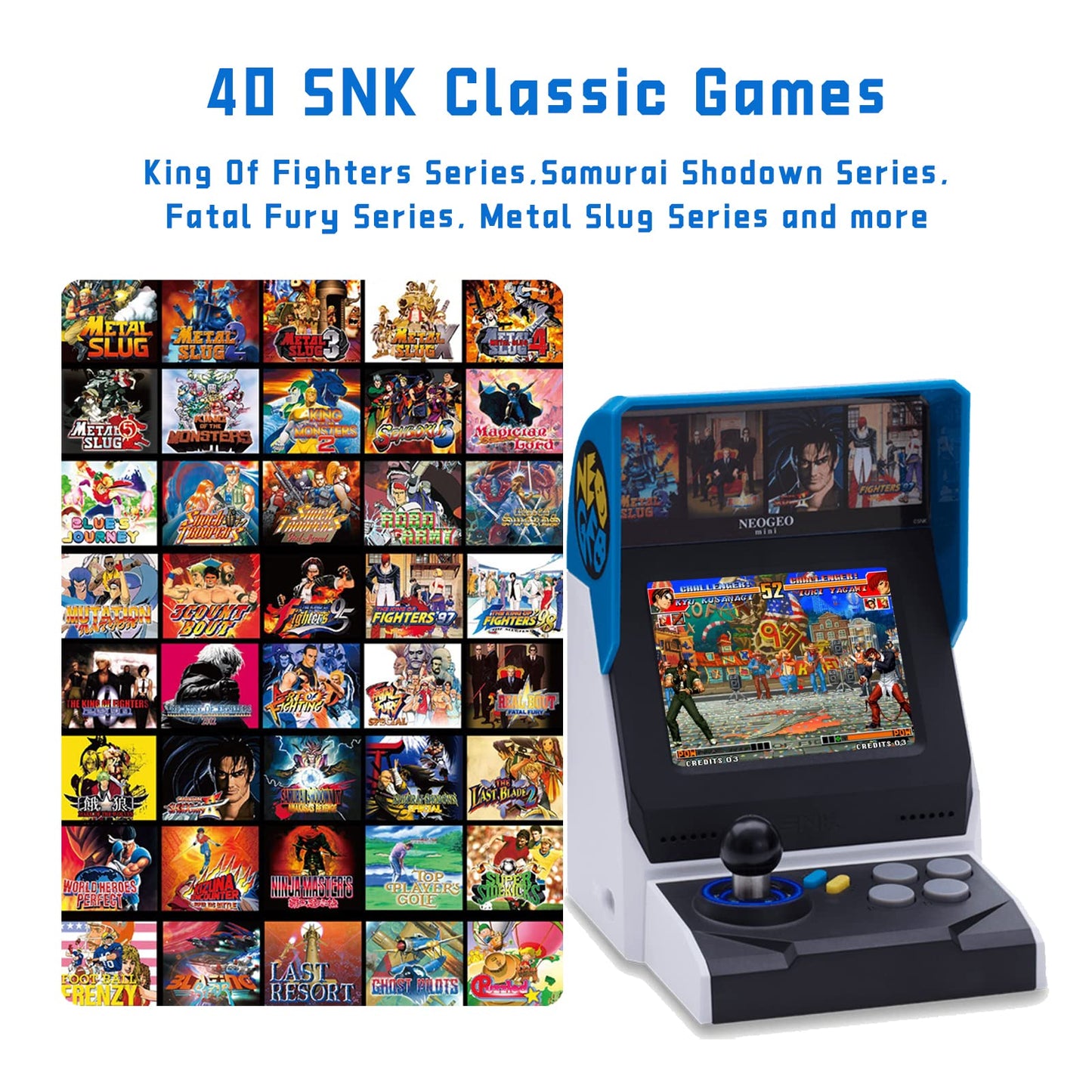 NEOGEO Mini Arcade International Version, 40 Pre-Loaded Classic SNK Games:The King of The Fighters / Metal SLUG and More, Built-in Clearly 3.5”LCD Screen, HDMI and 2 Gamepad Ports