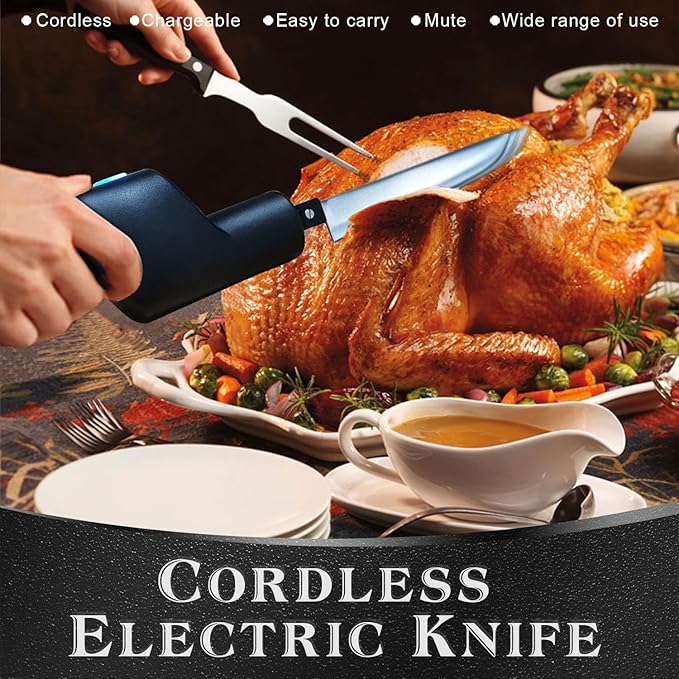 Cordless Electric Knife, Portable Rechargeable Knife with Safety Lock, Easy Slice and Assemble with Storage Case, Carving for Turkey, Meat, Poultry, Bread, Ribs, Fillet, Vegetables