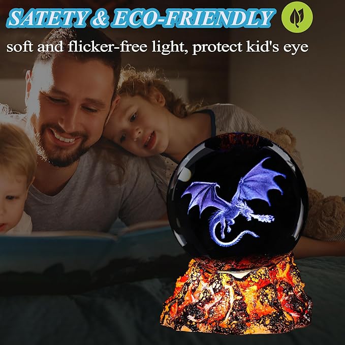 Dragon Night Light, 3.15 Inch (80mm) K9 Crystal Upgraded Volcanic Lava Base 3D Lamp with Remote 16 Color for Birthday Xmas Cool Figurines Dragon Gifts for Room Decor Boys Girls