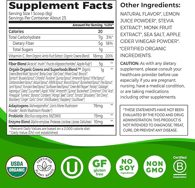 Orgain Organic Wonder Gut Fiber Supplement Powder, 5 in 1 Blend with 1 Billion Probiotics, Greens, Vitamin C, Adaptogens for Gut Health and Immune Support, Non-GMO, Strawberry Lemonade, 7.05 oz