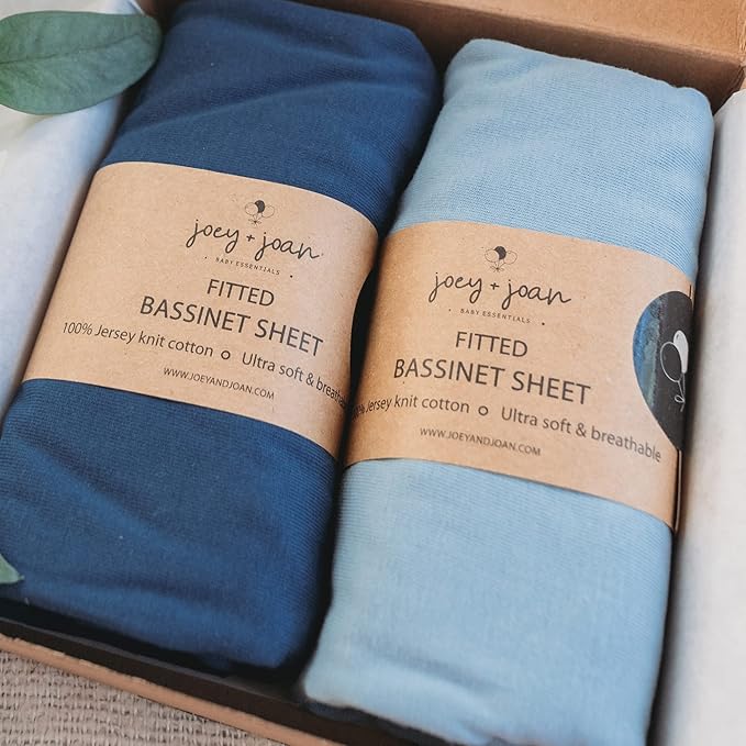 Bedside Sleeper Bassinet Sheets for 32 x 19 Inch Mattress Pad – Compatible with Ronbei, Pamobabe, Nordmiex Bassinet – 100% Jersey Cotton – Dusty Blue + Navy – 2 Pack